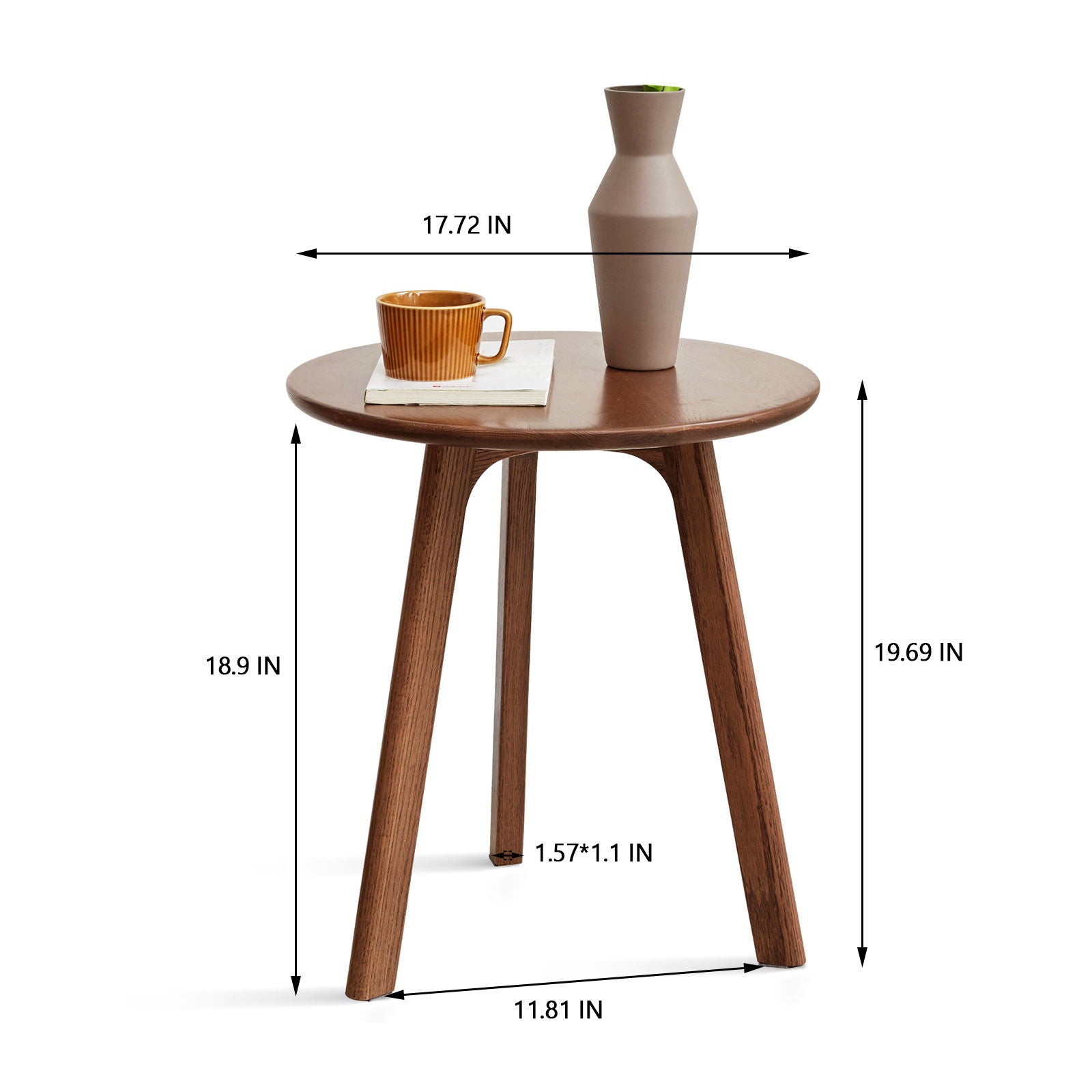 The Round Small End Table for bedroom & balcony features three legs and measures 17.72" wide by 19.69" high. A brown cup and tall beige vase rest on top, with dimensions labeled on the tabletop and its legs.