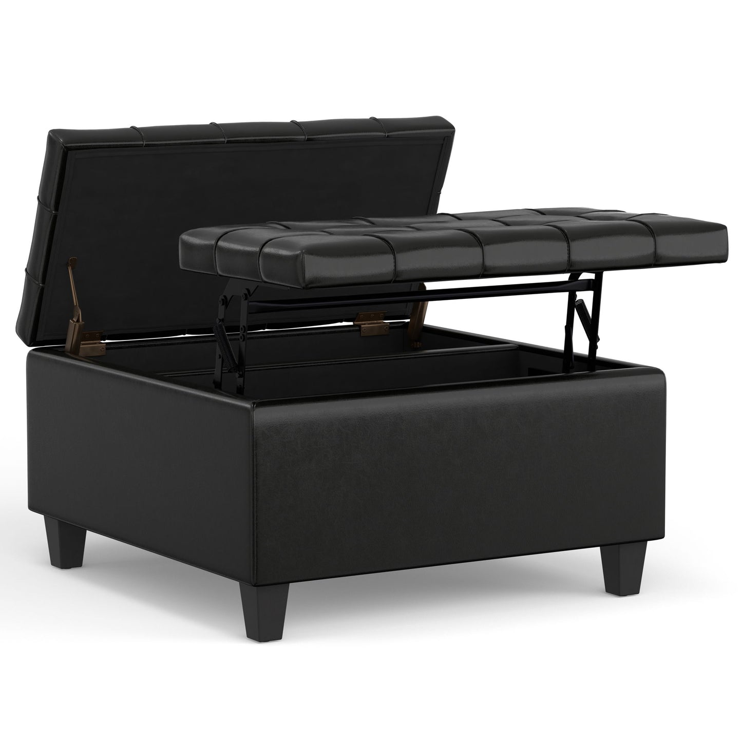 The Harrison Upholstered Coffee Table Storage Ottoman is a black, square piece with a tufted lift-top lid that opens to reveal storage space. It features short, sturdy legs and a modern, sleek design.