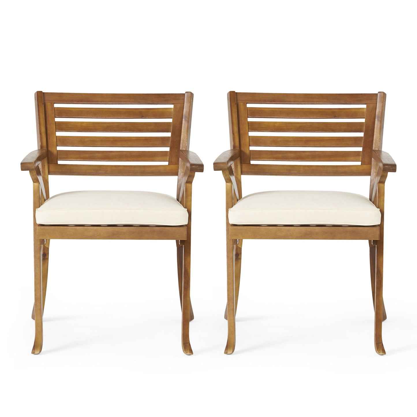 An Outdoor Dining Set featuring a coffee table and two teak chairs with light cushions, arranged side by side against a white background.