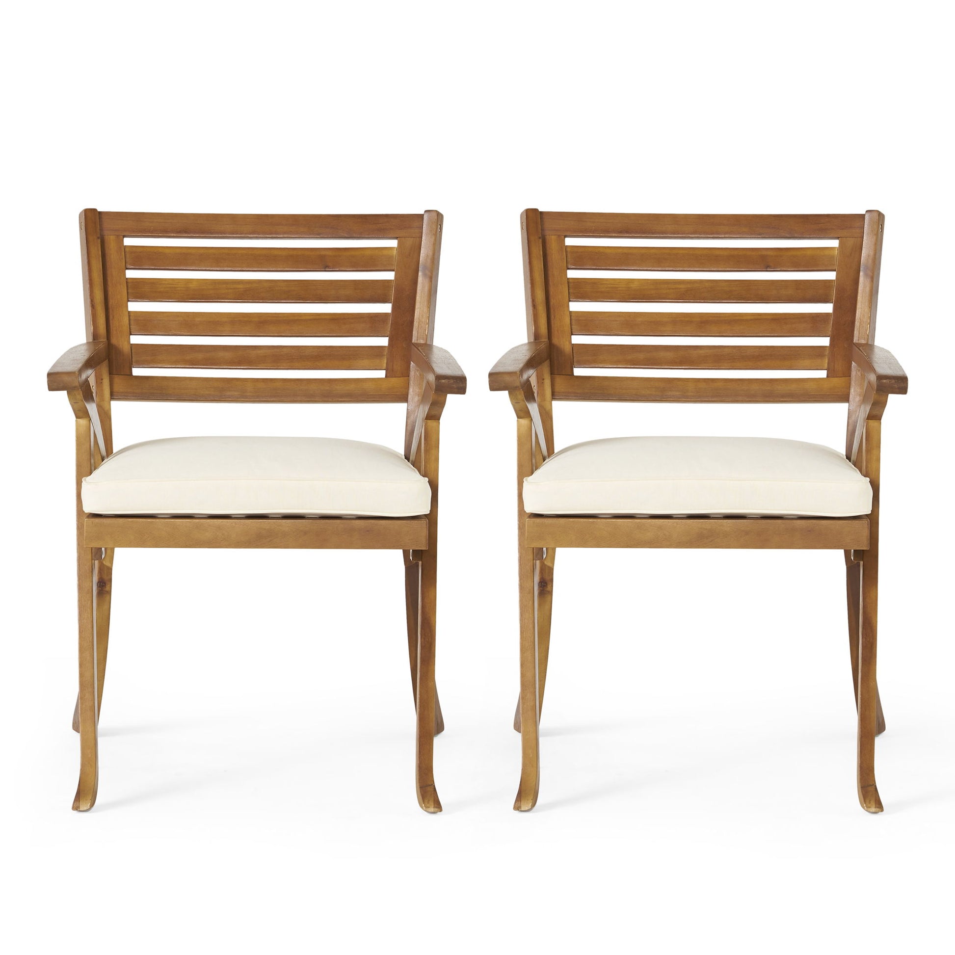 An Outdoor Dining Set featuring a coffee table and two teak chairs with light cushions, arranged side by side against a white background.