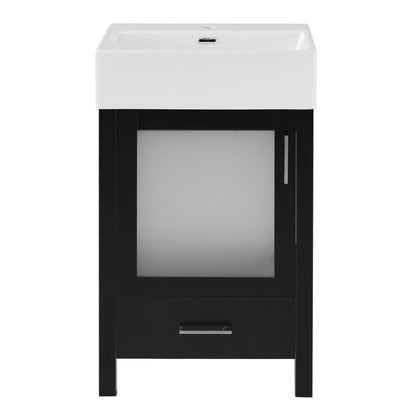 The Bathroom Vanity With Ceramic Sink And Ample Storage, Ideal For Small Bathrooms, features a modern black finish, white rectangular sink, frosted glass door, metal handle, and a lower pull-out drawer, shown against a white background.