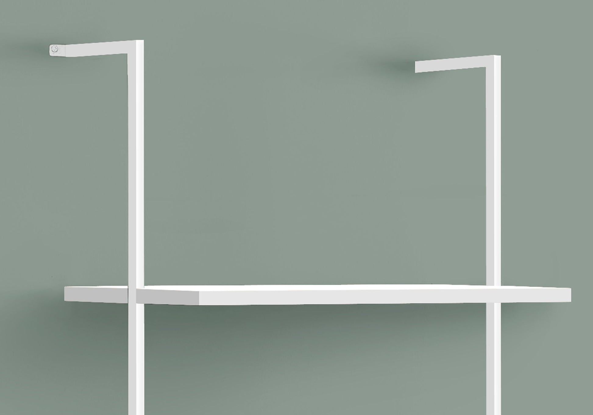 The Etagere Bookcase Ladder 5 Tier for Office features a minimalist white design with five shelves and two vertical supports, perfect for mounting against a muted green wall.
