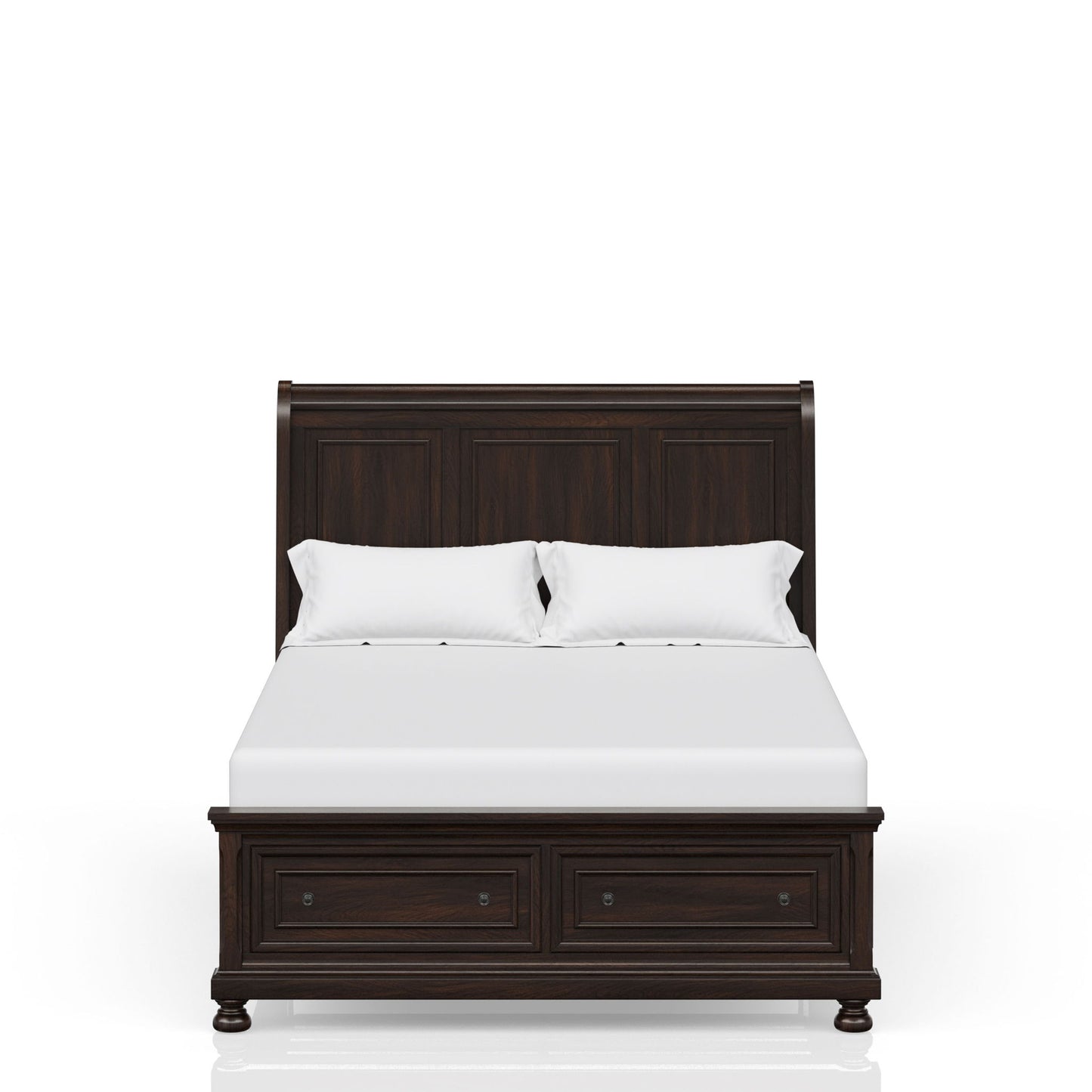 The Elegant Design Storage Bed features a dark wood frame, high headboard, white bedding with two pillows, and two storage drawers at the foot, displayed on a plain white background.