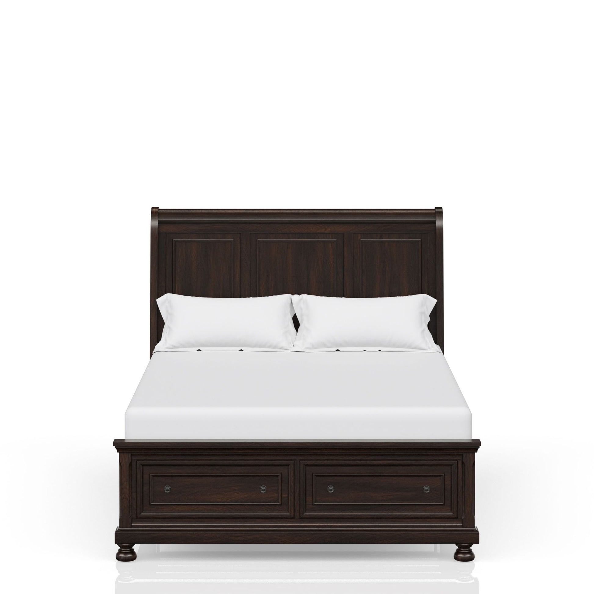 The Elegant Design Storage Bed features a dark wood frame, high headboard, white bedding with two pillows, and two storage drawers at the foot, displayed on a plain white background.