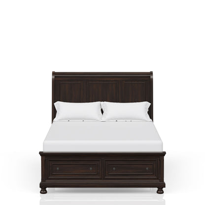 The Elegant Design Storage Bed features a dark wood frame, high headboard, white bedding with two pillows, and two storage drawers at the foot, displayed on a plain white background.