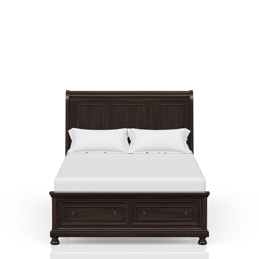 The Elegant Design Storage Bed features a dark wood frame, high headboard, white bedding with two pillows, and two storage drawers at the foot, displayed on a plain white background.
