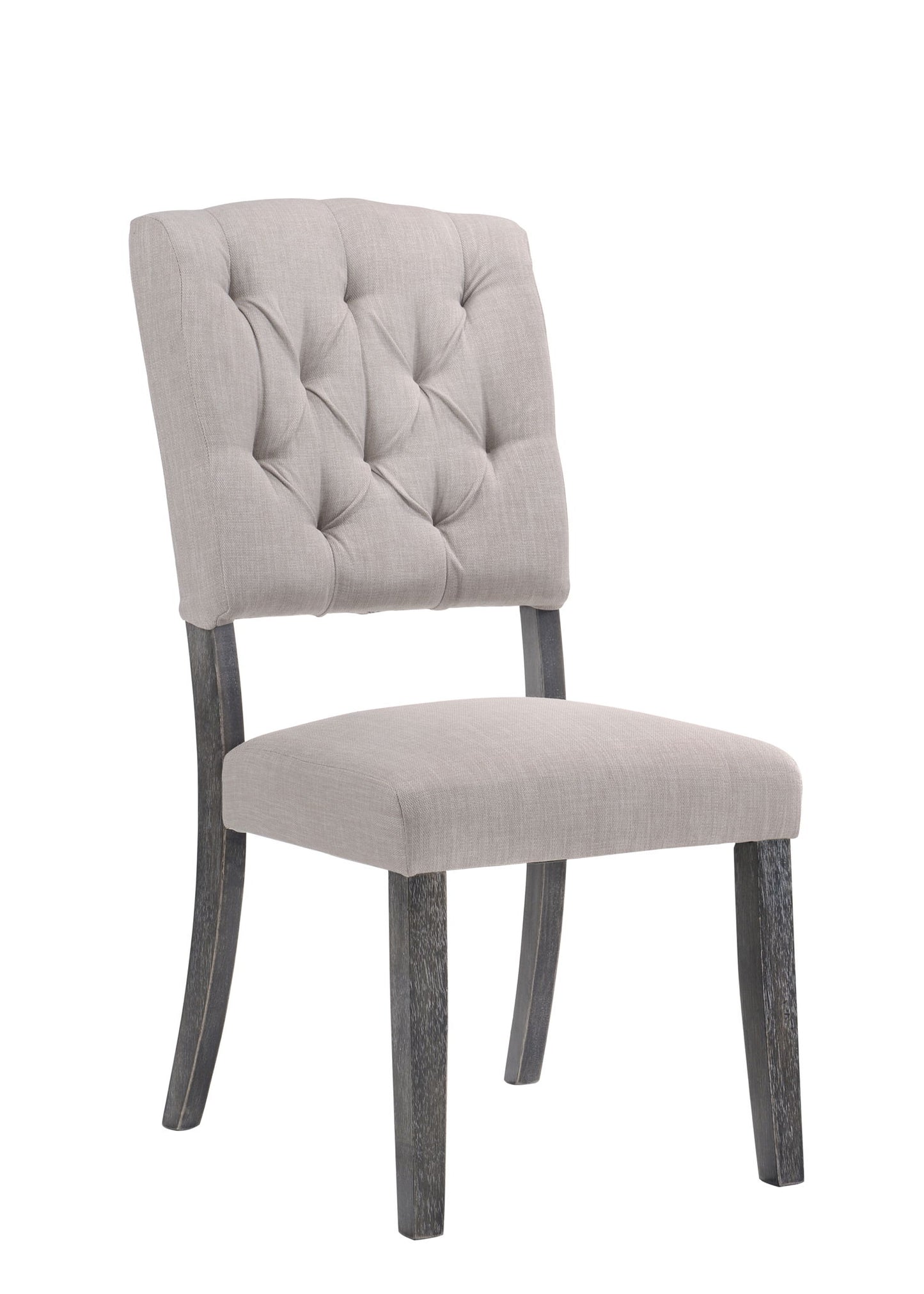 The Bernard - Weathered Side Chair (Set of 2) features light gray upholstery, a tufted backrest, and dark wooden legs angled outward, all displayed against a white background.