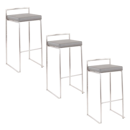Three Fuji Contemporary and Elegant Design Stackable Barstools with silver metal frames and square gray cushioned seats are displayed in a staggered arrangement on a white background.