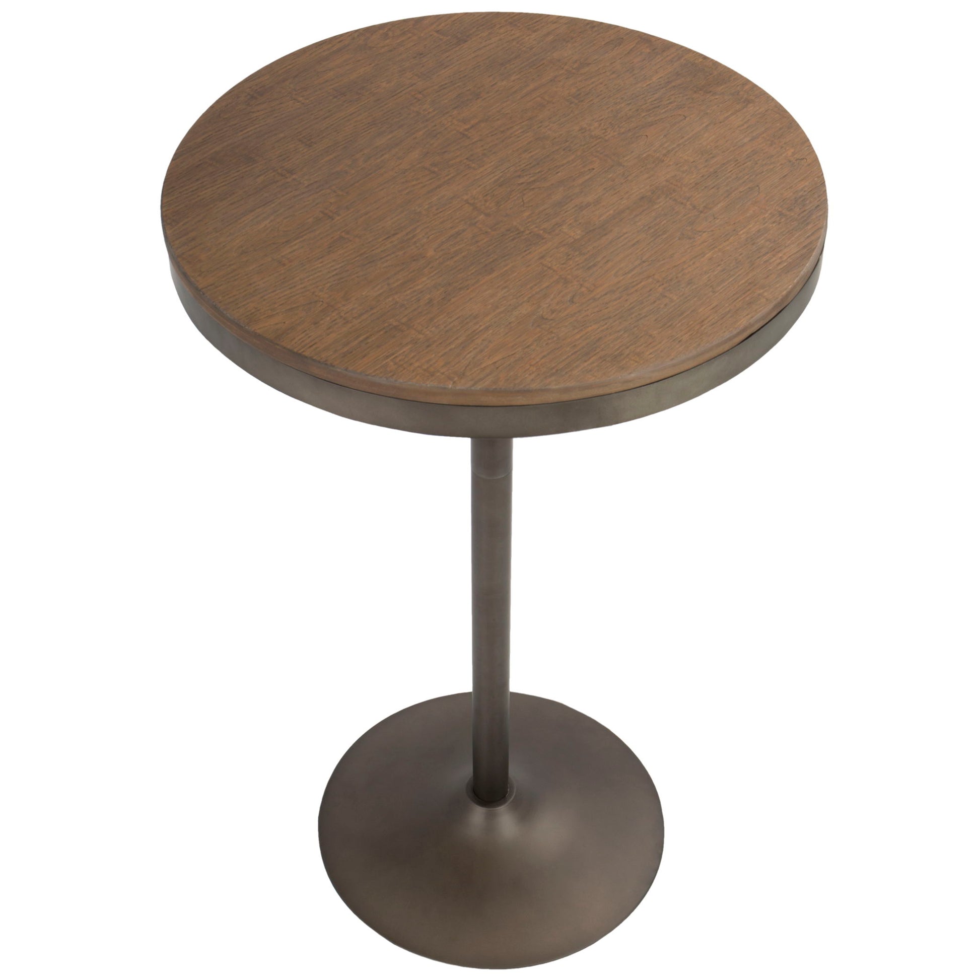 The Dakota Industrial Adjustable Bar / Dinette Table features a round brown wood tabletop on a single slender metal pedestal with a wide, circular antique-finish base, offering a simple, modern design.