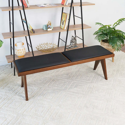 The Keira - Modern Aesthetics Bench with black cushions sits on a light-textured rug, with a bookshelf displaying decor, books, and plants behind it, creating a cozy modern interior.
