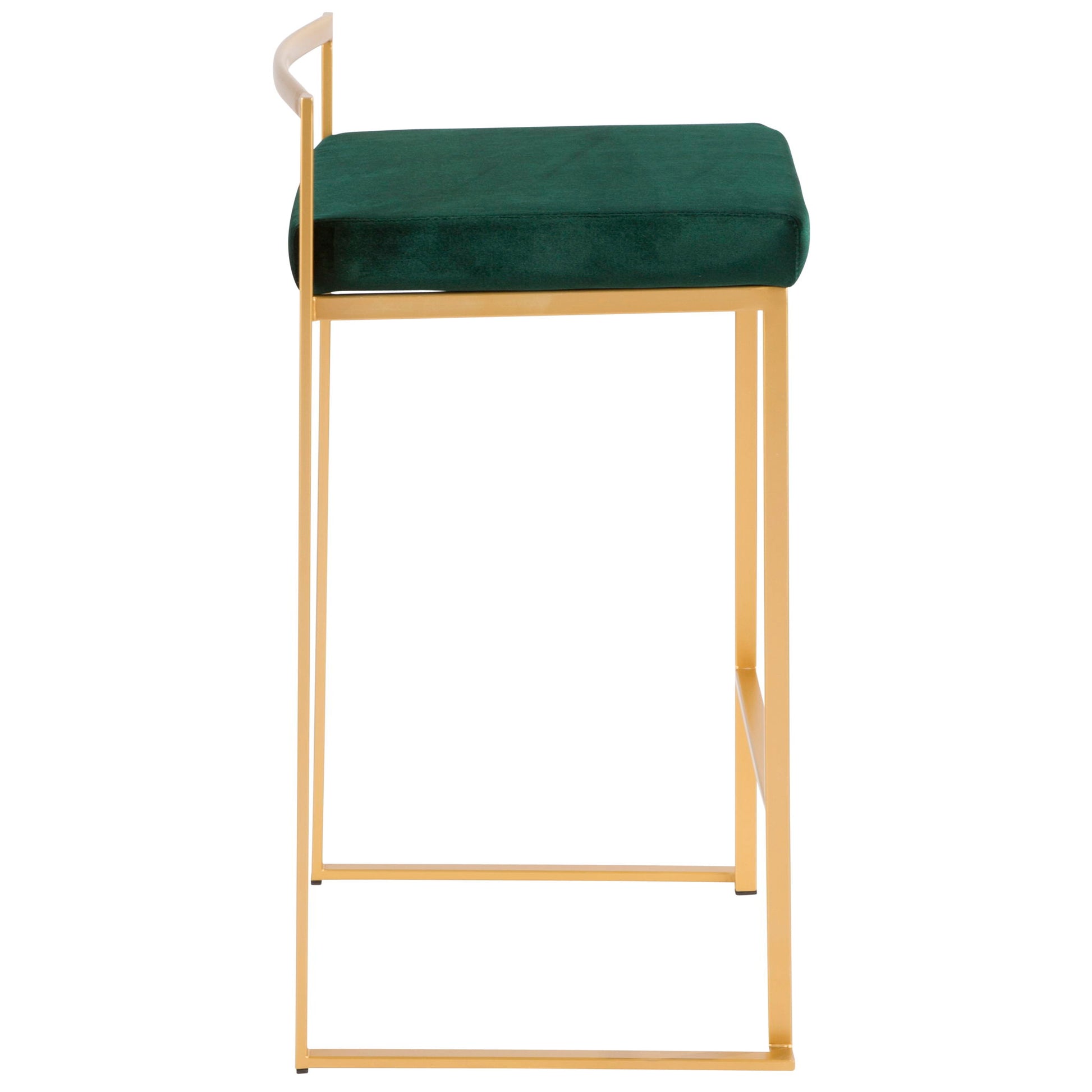 Side view of the Fuji Contemporary / Glam Design Counter Stool (Set of 2) featuring a gold metal frame, green upholstered seat, minimalistic geometric design, open back, and slim rectangular base.