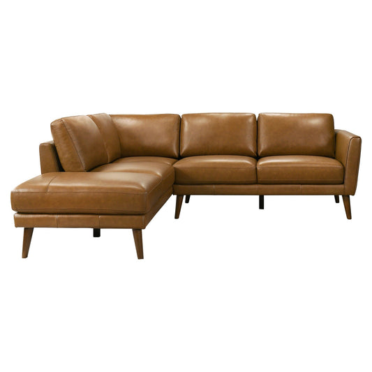The Benson - Sectional Sofa With Chaise is a brown leather L-shaped sectional with tapered wooden legs and three seat cushions, shown on a white background.