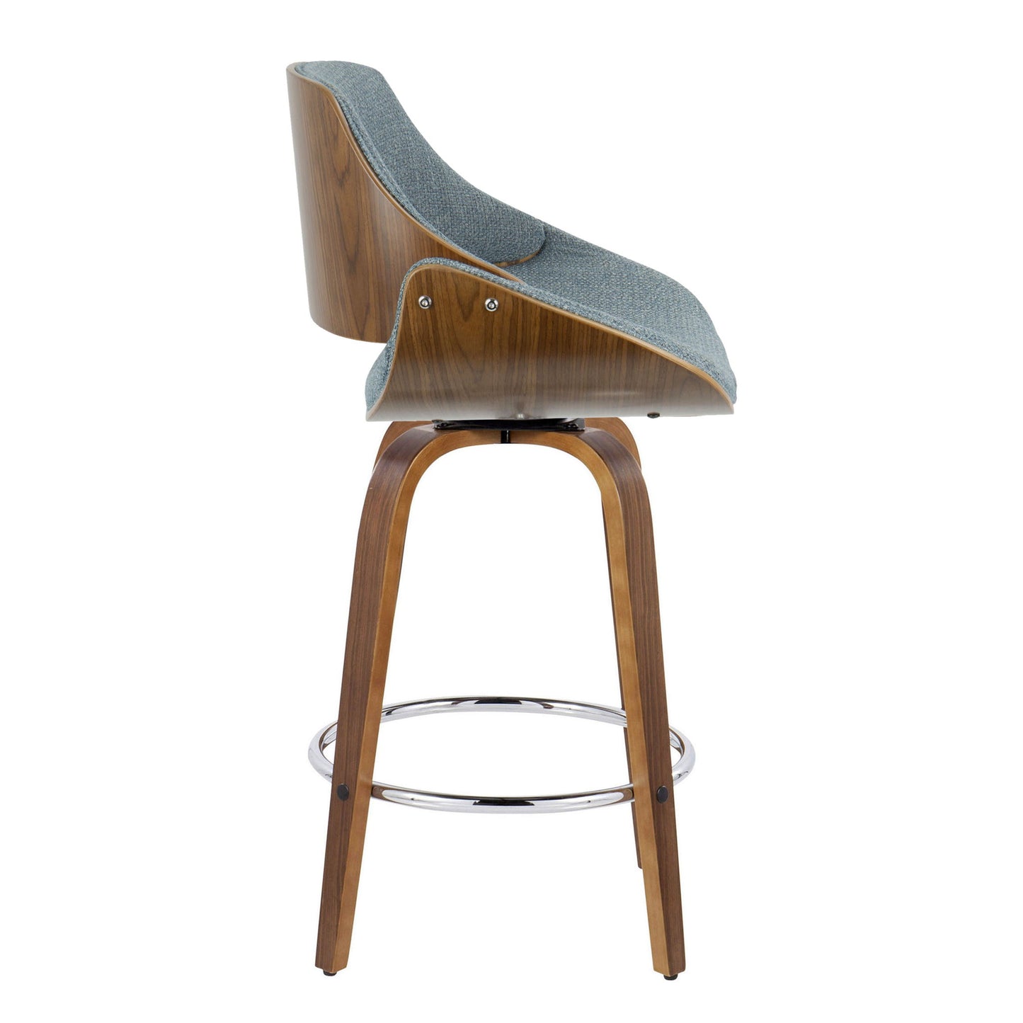 Side view of the Fabrizzi Mid Century Modern Fixed Height Counter Stool, featuring a curved wooden frame, blue upholstered seat, four angled legs, and a round chrome footrest. Set of 2.