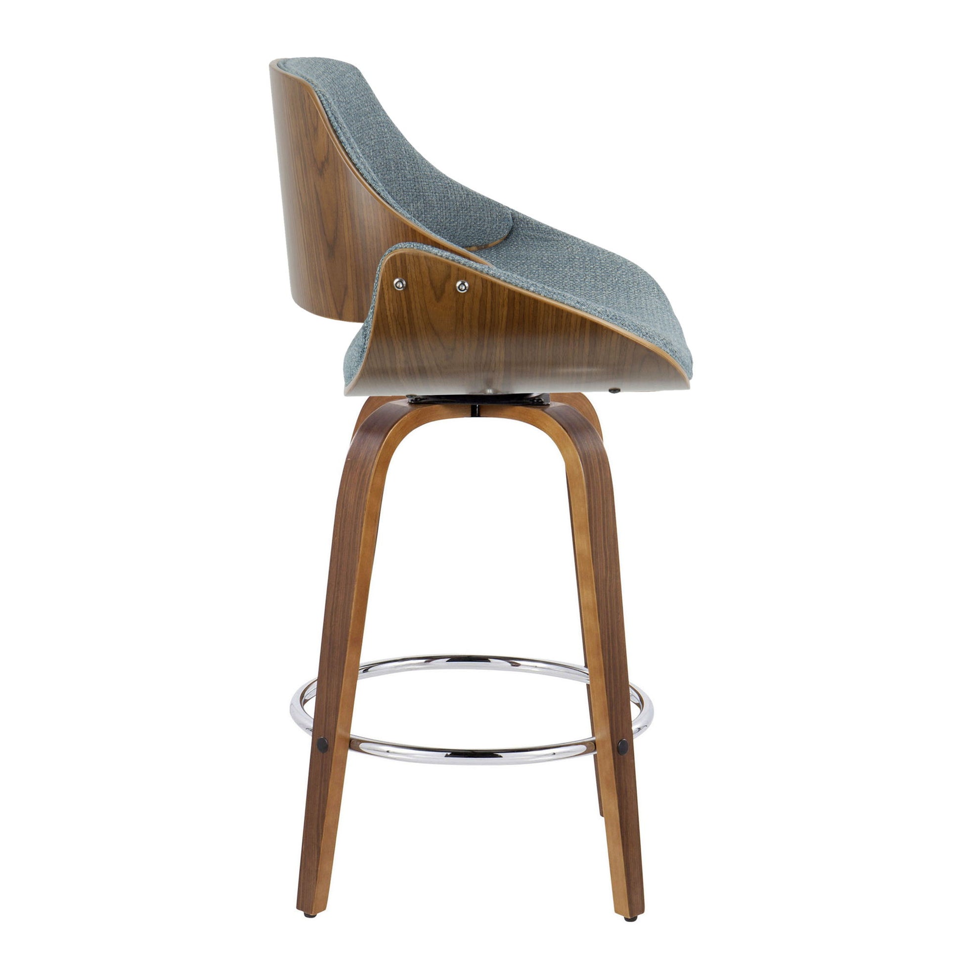 Side view of the Fabrizzi Mid Century Modern Fixed Height Counter Stool, featuring a curved wooden frame, blue upholstered seat, four angled legs, and a round chrome footrest. Set of 2.
