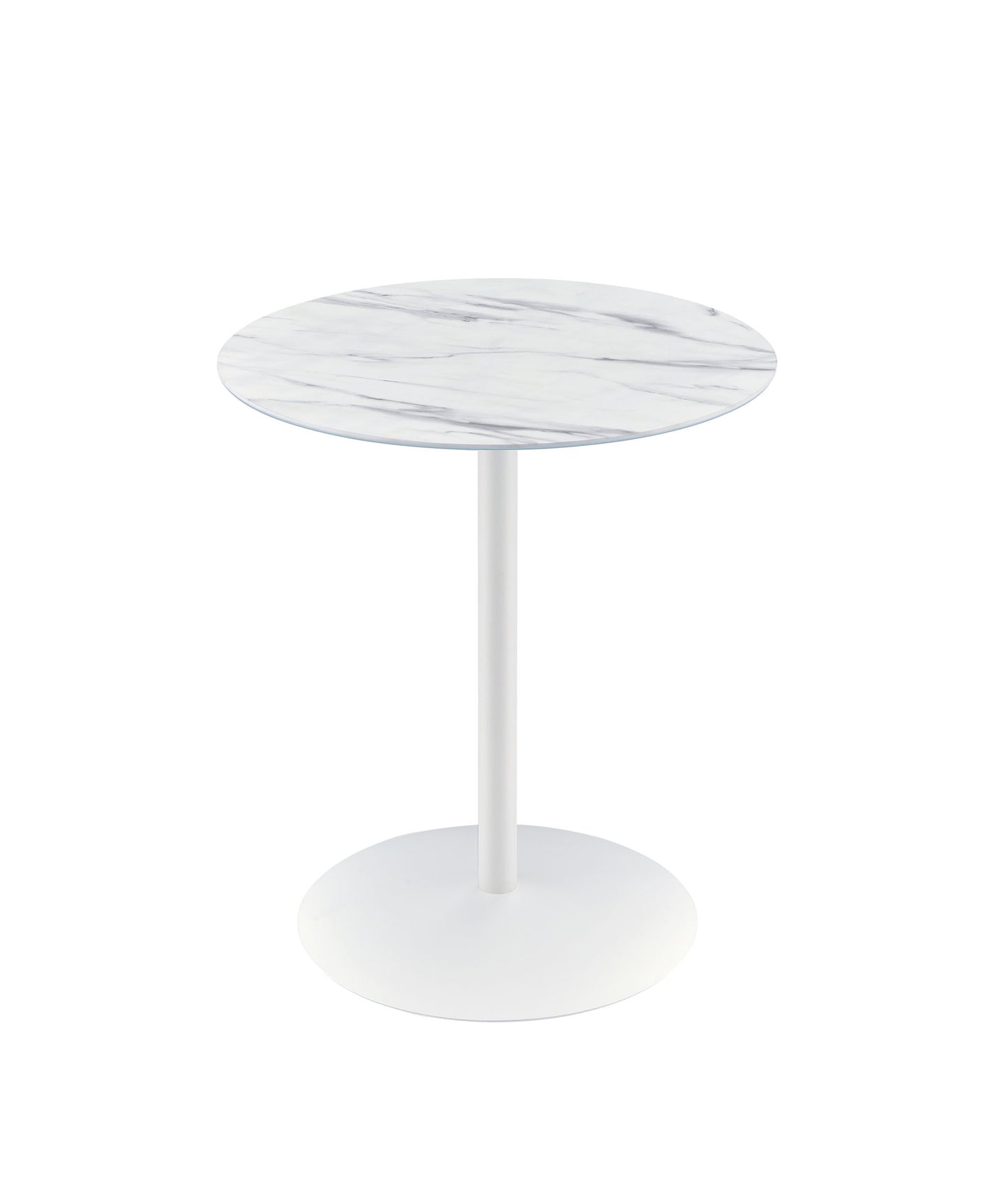 The Circa 17.5" End Table features a round marble-textured top and a single white pedestal base, shown on a white background.