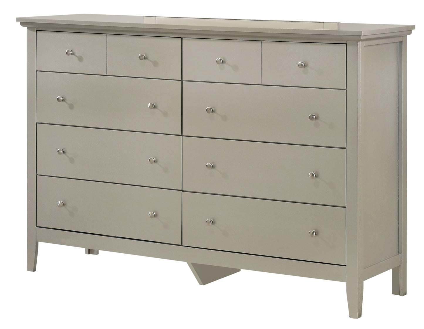 The Elegant Casual Dresser For Any Room is a light gray wooden dresser with nine drawers in three rows, each with a round silver knob and a flat top surface.