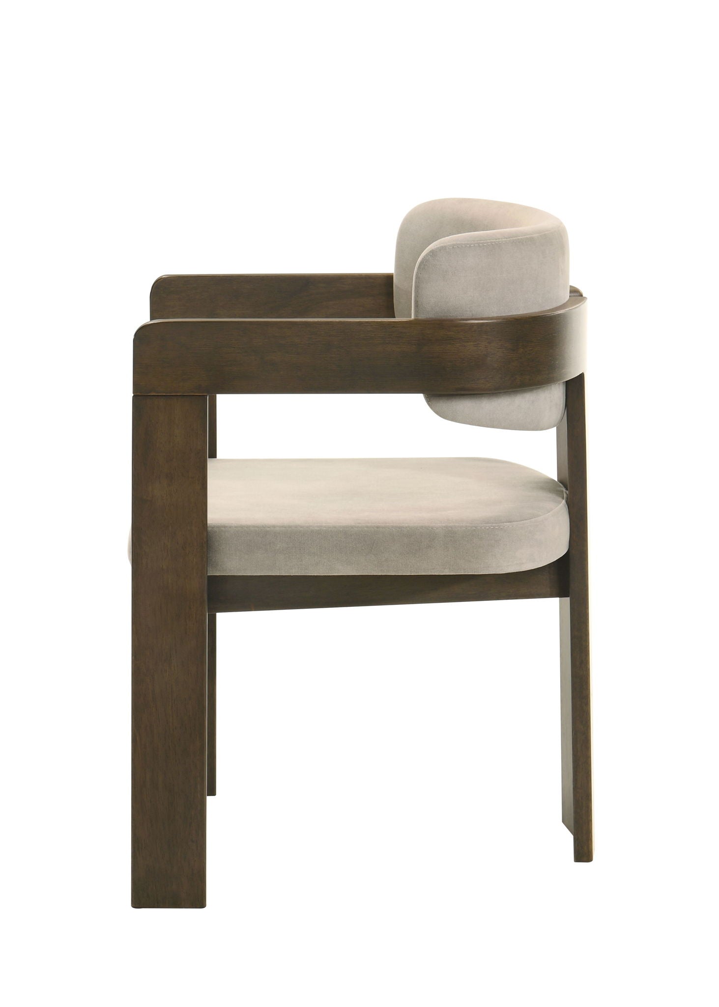 The Destin - Polished Microfiber Side Chair (Set of 2) features a sleek dark brown frame with light gray cushioned seat and backrest, shown in profile against a white background.
