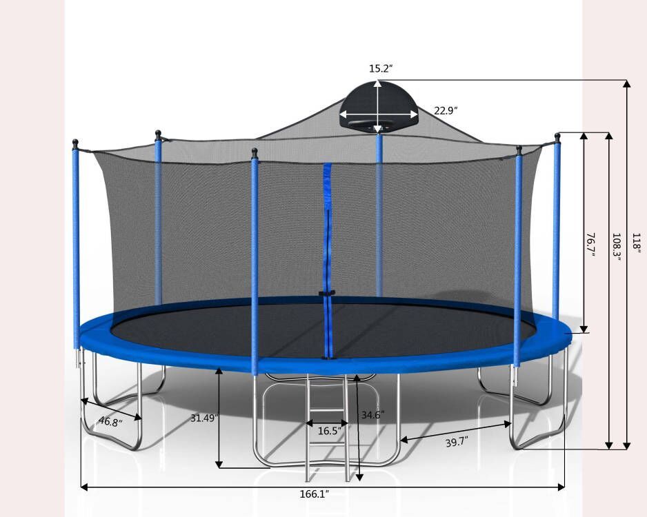 The 14Ft Trampoline For Adults & Kids features a blue design, ladder, safety net enclosure with zippered entry, and attached basketball hoop; labeled measurements show diameter and height for safe outdoor fun.