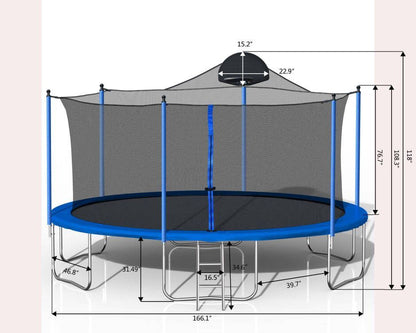 The 14Ft Trampoline For Adults & Kids features a blue design, ladder, safety net enclosure with zippered entry, and attached basketball hoop; labeled measurements show diameter and height for safe outdoor fun.