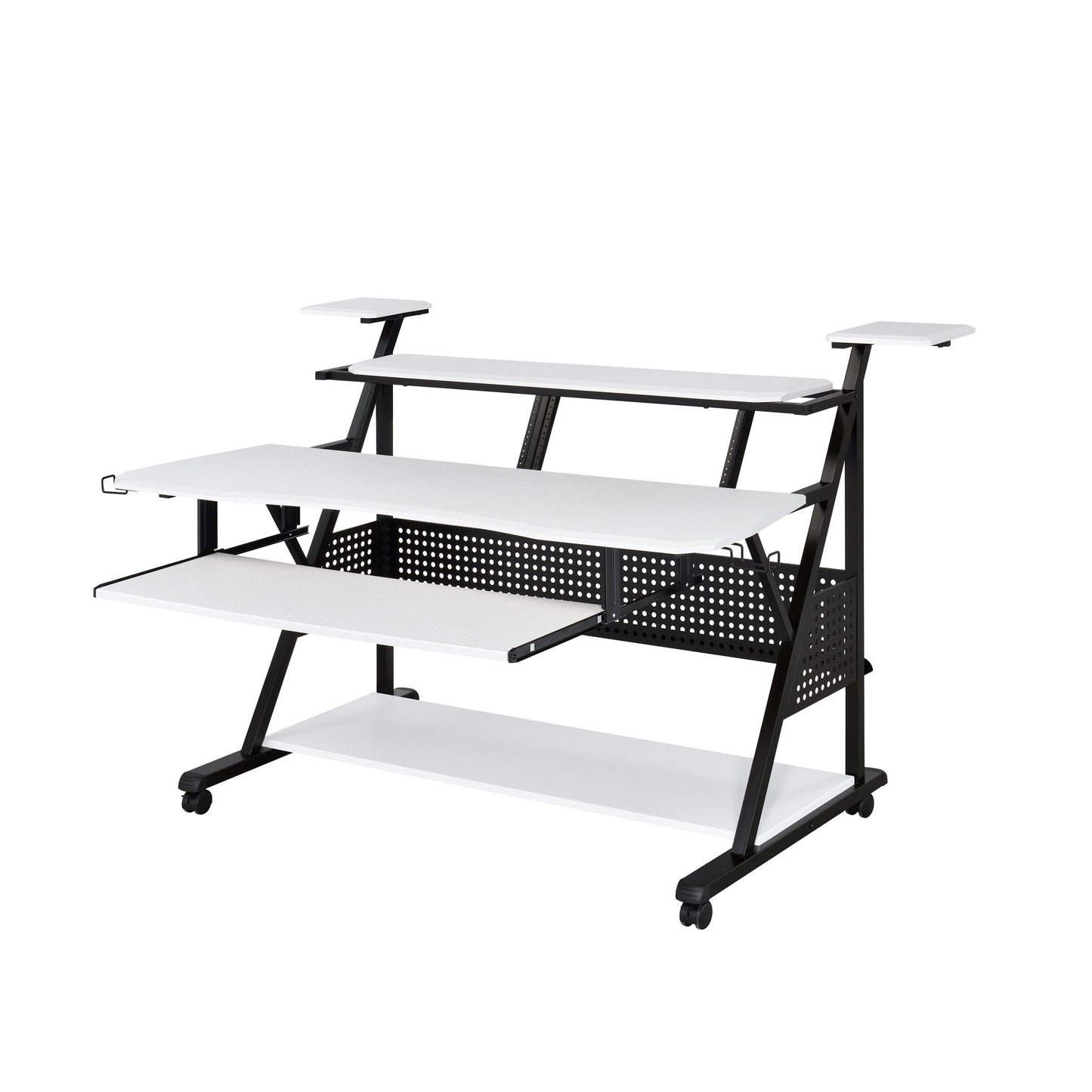 The Willow - Versatile Music Desk features a sleek black and white design with multiple shelves, elevated monitor stands, a spacious main surface, lower shelf, perforated metal back panel, all supported by a black wheeled frame.