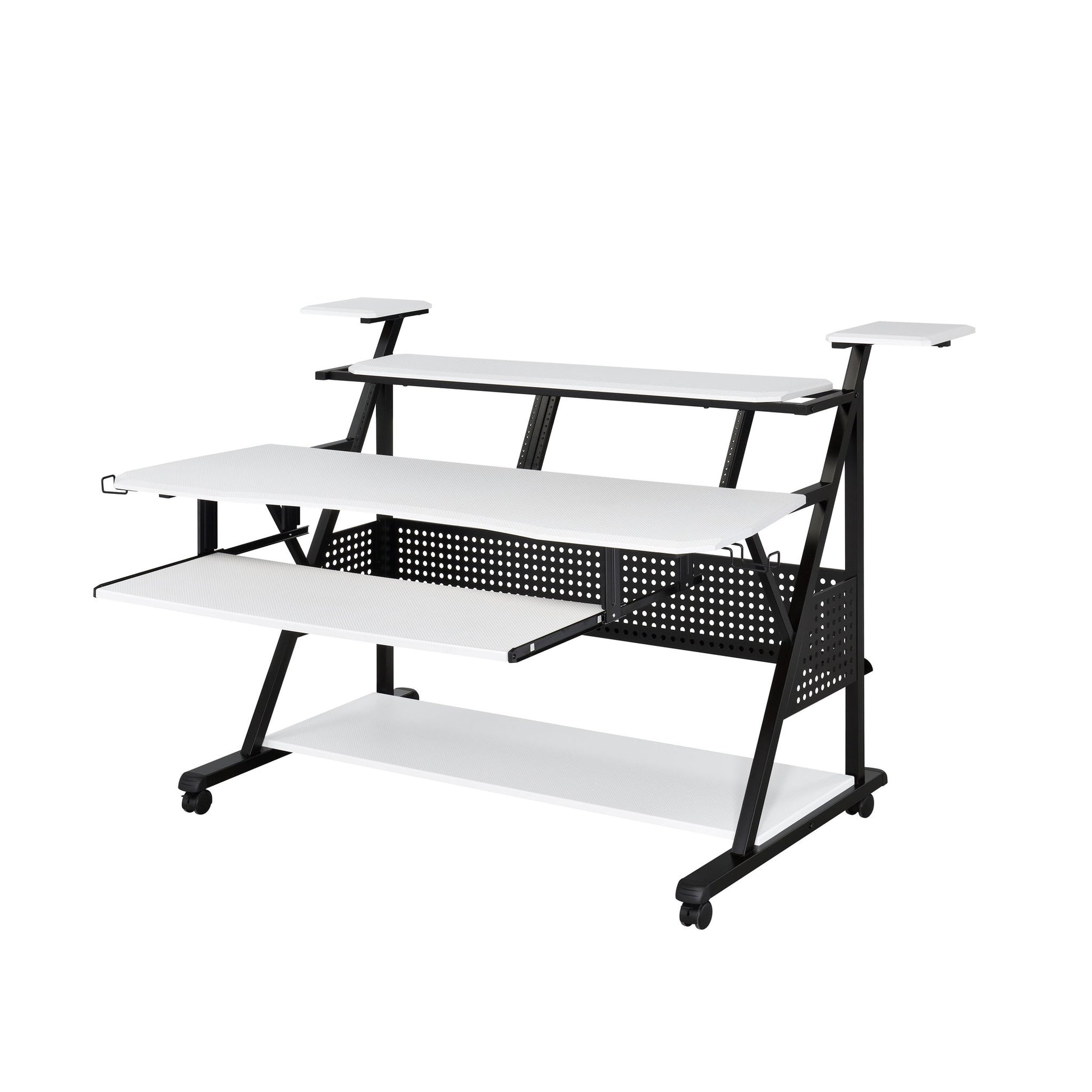 The Willow - Versatile Music Desk features a sleek black and white design with multiple shelves, elevated monitor stands, a spacious main surface, lower shelf, perforated metal back panel, all supported by a black wheeled frame.