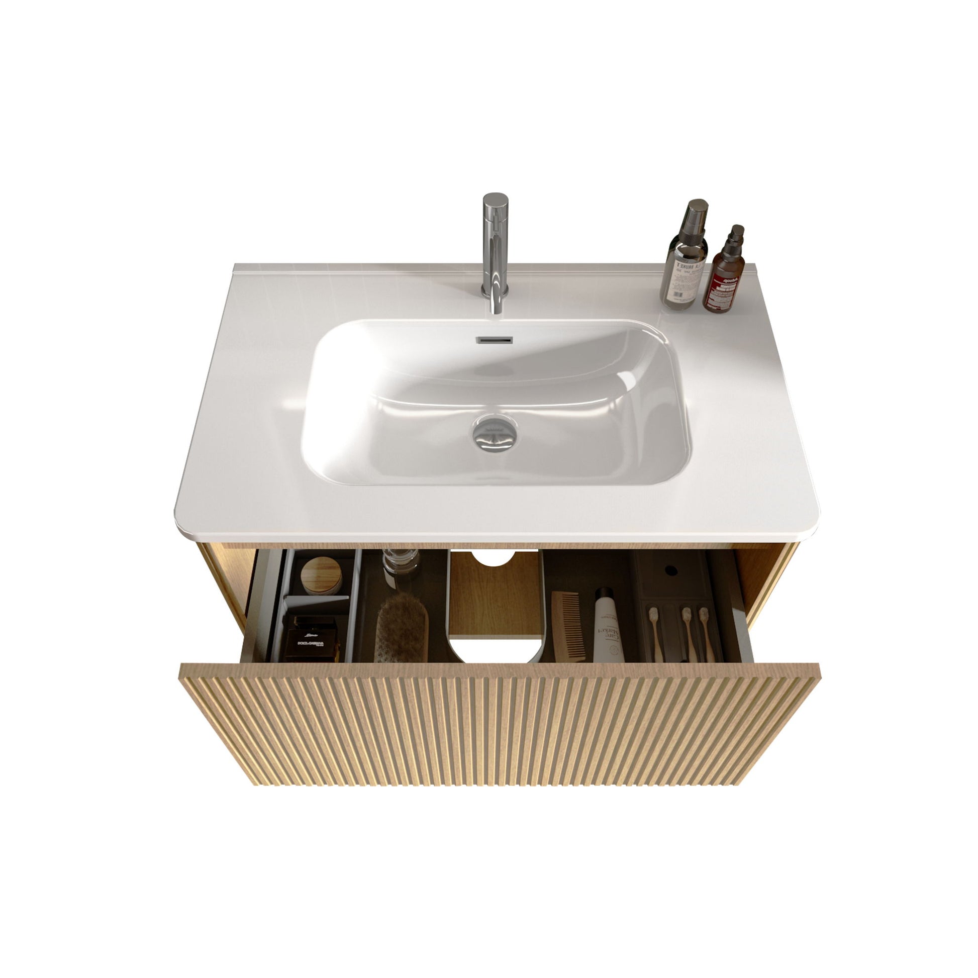 The Etna Striped Bathroom Vanity features a rectangular ceramic sink, sleek silver faucet, open wooden drawer stocked with toiletries, and three bottles on the countertop. This wall-mounted floating vanity is perfect for modern bathrooms.