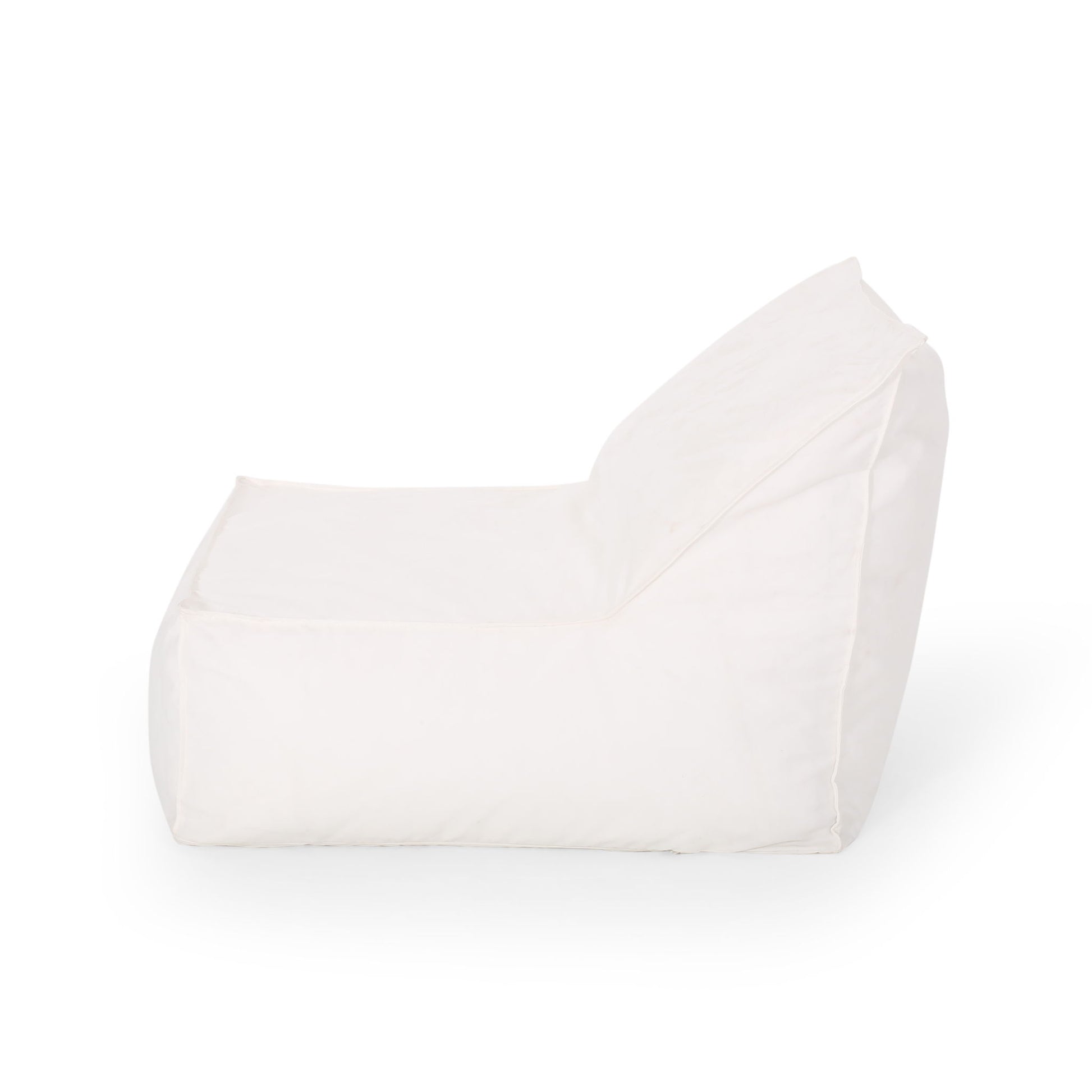 The Ettie - Water Resistant Fabric Bean Bag Chair, a modern, armless white seat with a sloped backrest, is displayed against a plain white background.