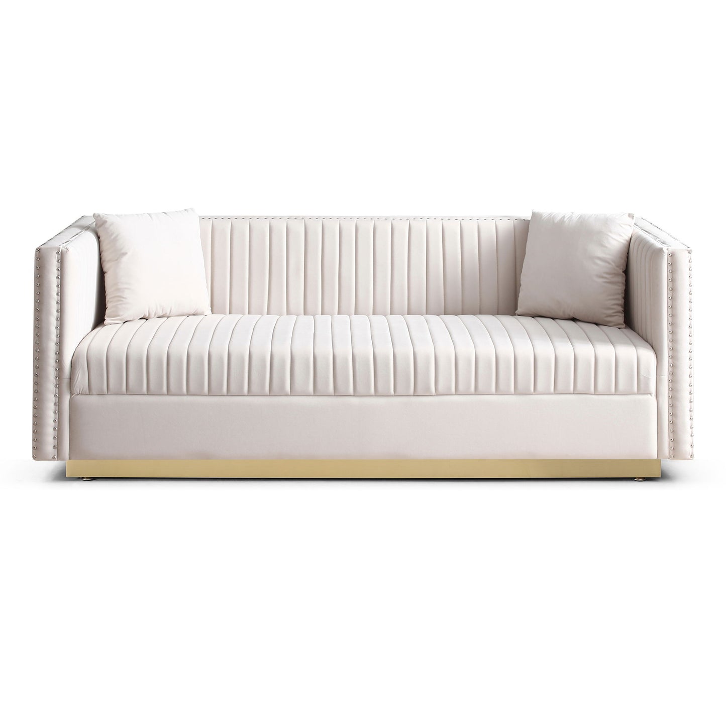The Contemporary Vertical Channel Tufted Velvet Sofa Loveseat 2-Piece Set features cream upholstery, a gold base, and includes 4 matching pillows, shown against a white background.