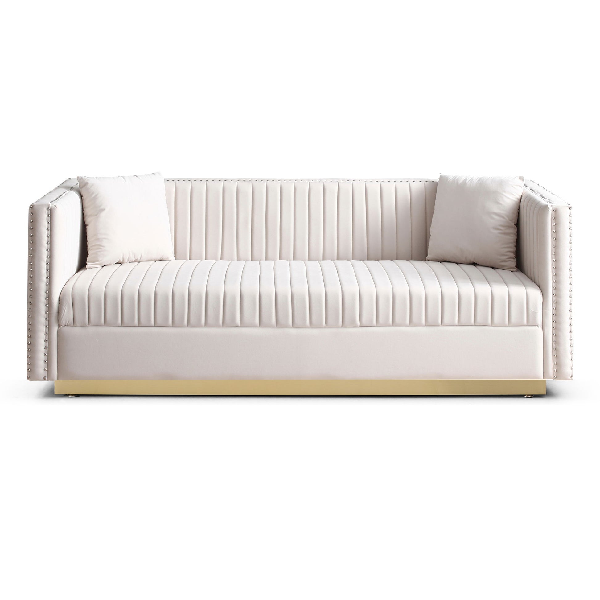 The Contemporary Vertical Channel Tufted Velvet Sofa Loveseat 2-Piece Set features cream upholstery, a gold base, and includes 4 matching pillows, shown against a white background.