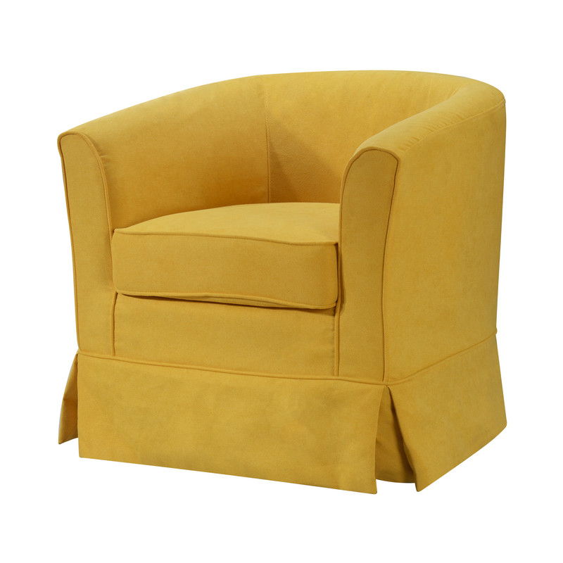 The Tucker Woven Fabric Swivel Barrel Chair features yellow upholstery, a skirted base, and a thick seat cushion, shown from the front against a white background.