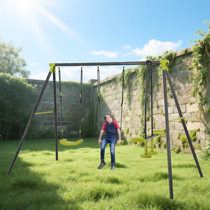 A child enjoys the Xns008 Interesting Triple Children Metal Safe Swing Set (green/black, three seats, for ages 3+, 440lbs) in a grassy backyard with stone walls and greenery under a blue sky with clouds.