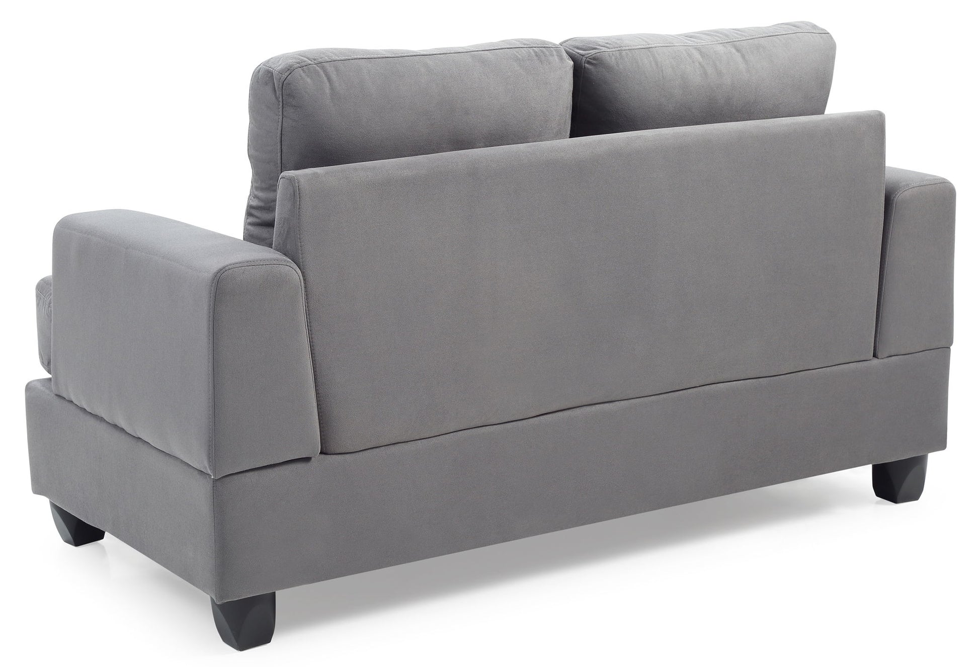 The Stylish Transitional Loveseat For Two features plush grey upholstery, straight arms, short black legs, and comfortable back cushions, as seen from the back.