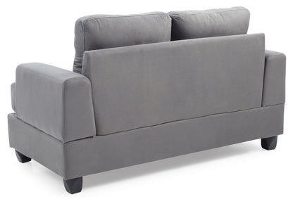 The Stylish Transitional Loveseat For Two features plush grey upholstery, straight arms, short black legs, and comfortable back cushions, as seen from the back.