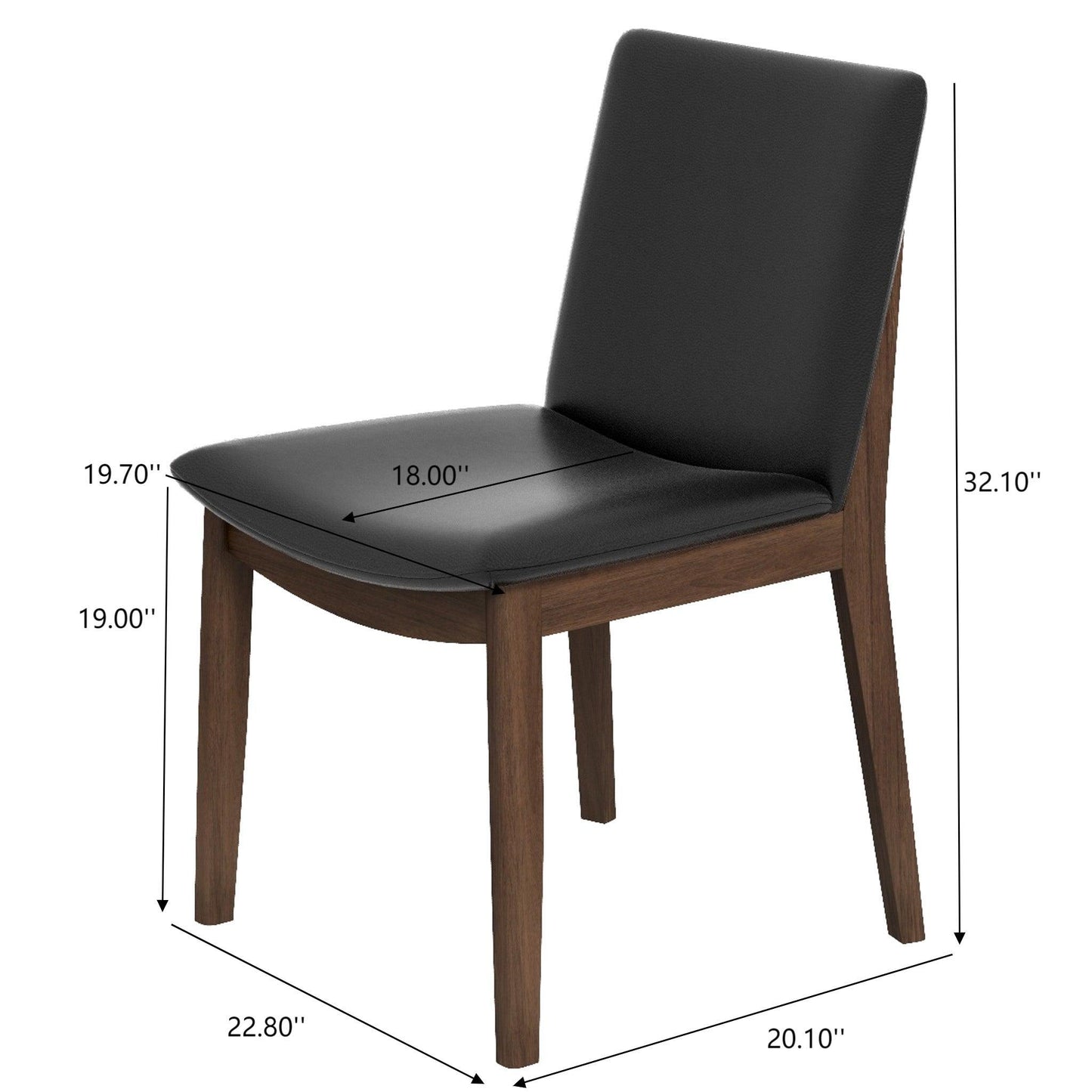 The Laura Mid-Century Modern Solid Wood Dining Chair (Set of 2) features a dark wood frame, black cushioned seat and backrest. Dimensions: height 32.1", seat height 19", seat depth 18", width 20.1", depth 22.8".