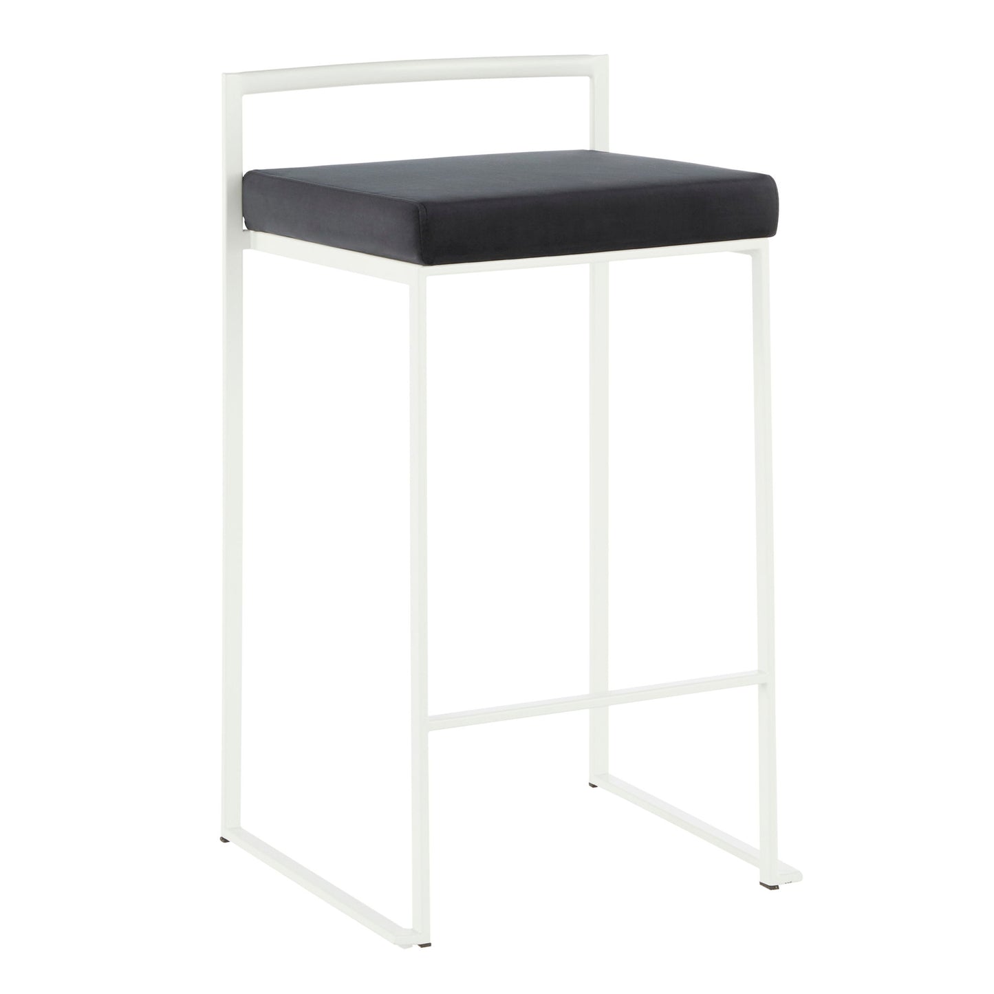 The Fuji - Simple Elegance, Contemporary Stackable Counter Stool features a white metal frame, low rectangular backrest, and a black square cushioned seat.