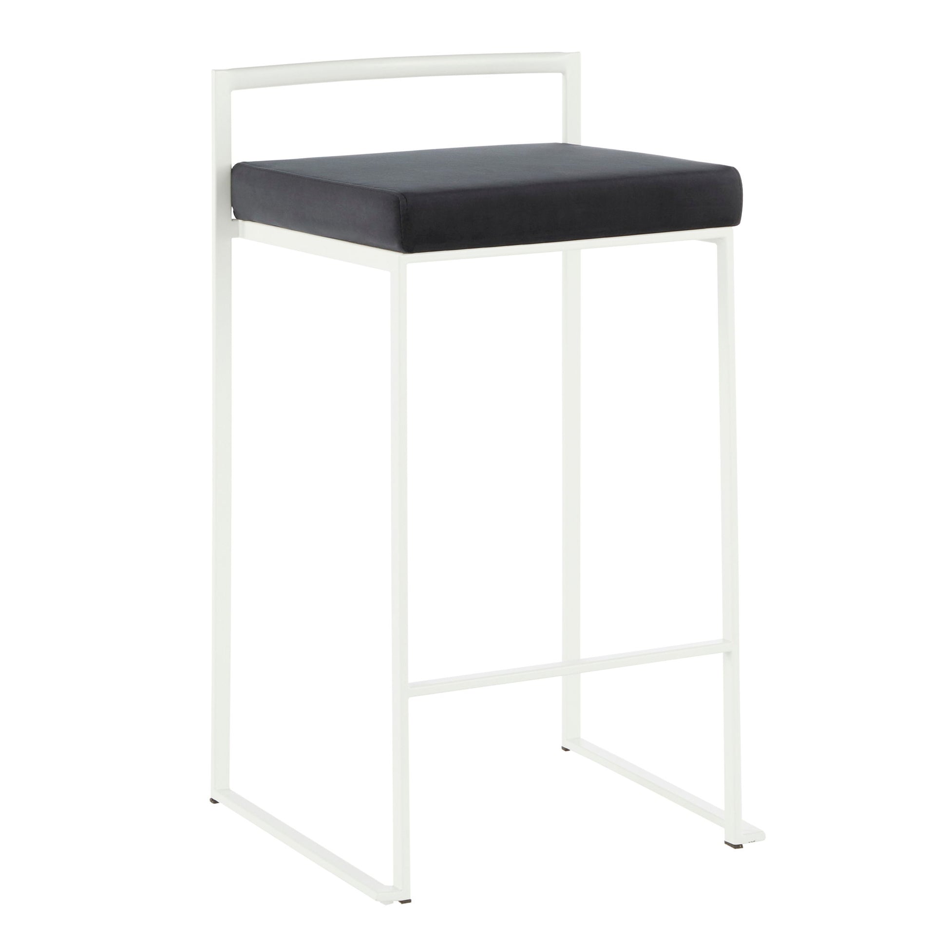 The Fuji - Simple Elegance, Contemporary Stackable Counter Stool features a white metal frame, low rectangular backrest, and a black square cushioned seat.