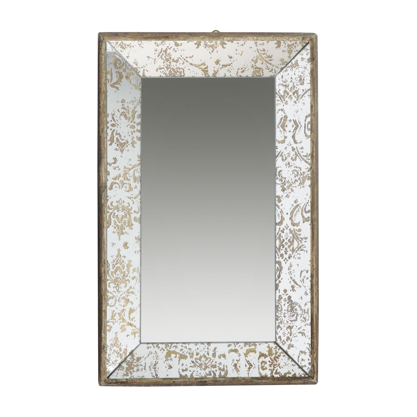 Antique Rectangle Mirror With Floral Accents features a distressed gold and white border, ornate details, and comes with a mirrored display tray. Hanging wall mirror set in a simple metallic frame against a plain white background.