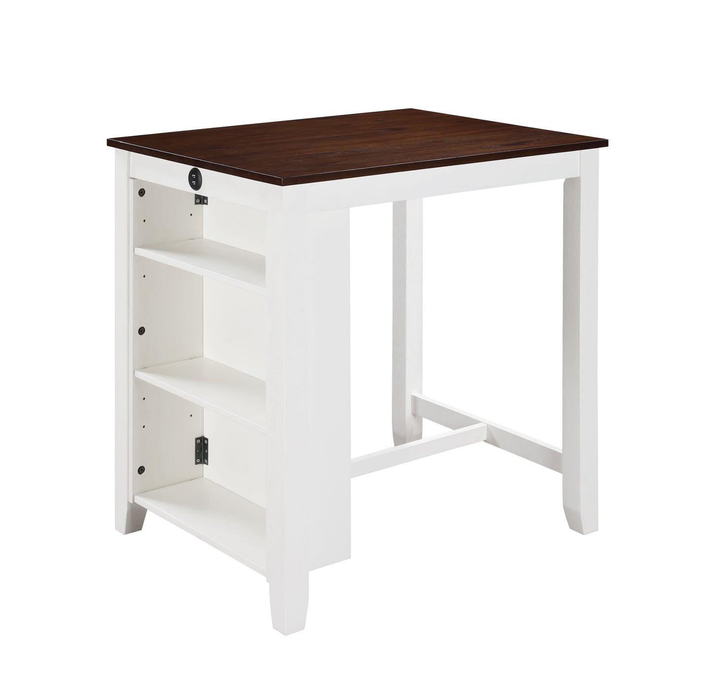 The Graham Small Space Counter Height Dining Table features a dark brown tabletop and a white base with three open shelves on the left, sturdy legs, USB charging ports, and a simple, functional design.