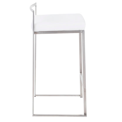 Side view of the Fuji - Contemporary Elegant Stackable Counter Stool Set, featuring a white cushioned seat, low curved backrest, and sleek metal frame with straight, minimalist lines.