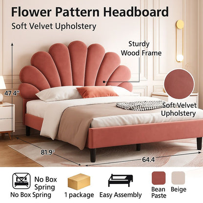Upholstered Platform Bed With Flower Pattern Velvet Headboard