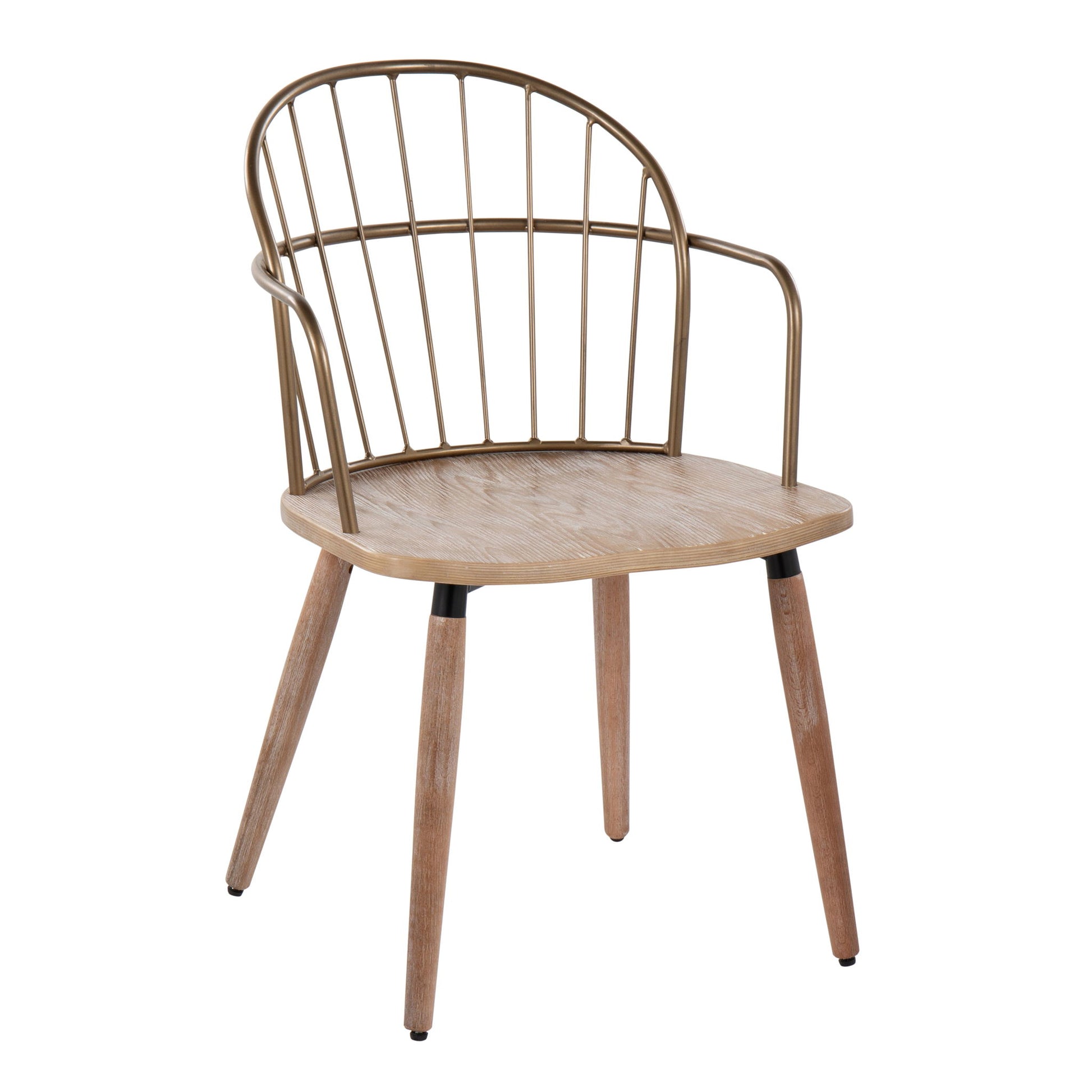 The Riley Farmhouse Office Chair features a light wooden seat and legs, plus a curved metal backrest and armrests with vertical bars, perfectly blending rustic charm with industrial style.