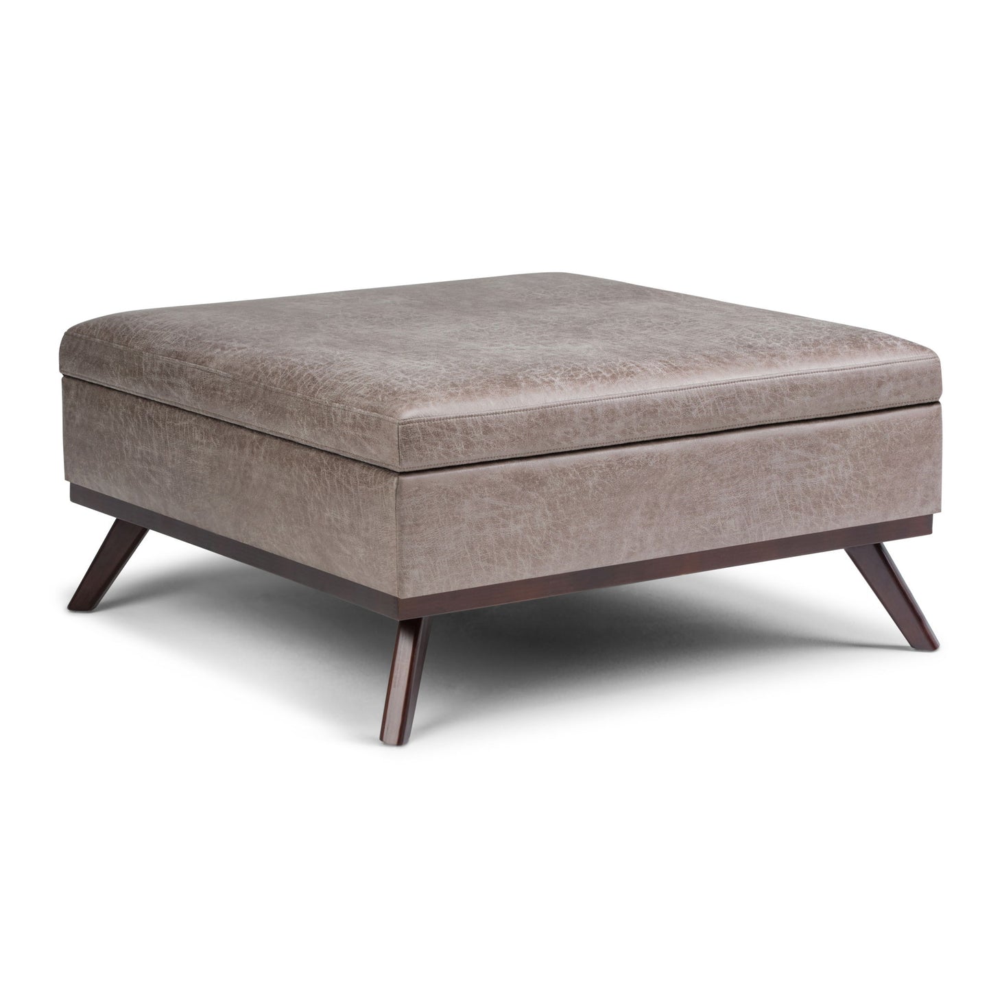The Owen Multifunctional Square Coffee Table Storage Ottoman features light brown upholstery, a cushioned top, and angled wooden legs, all set against a white background.