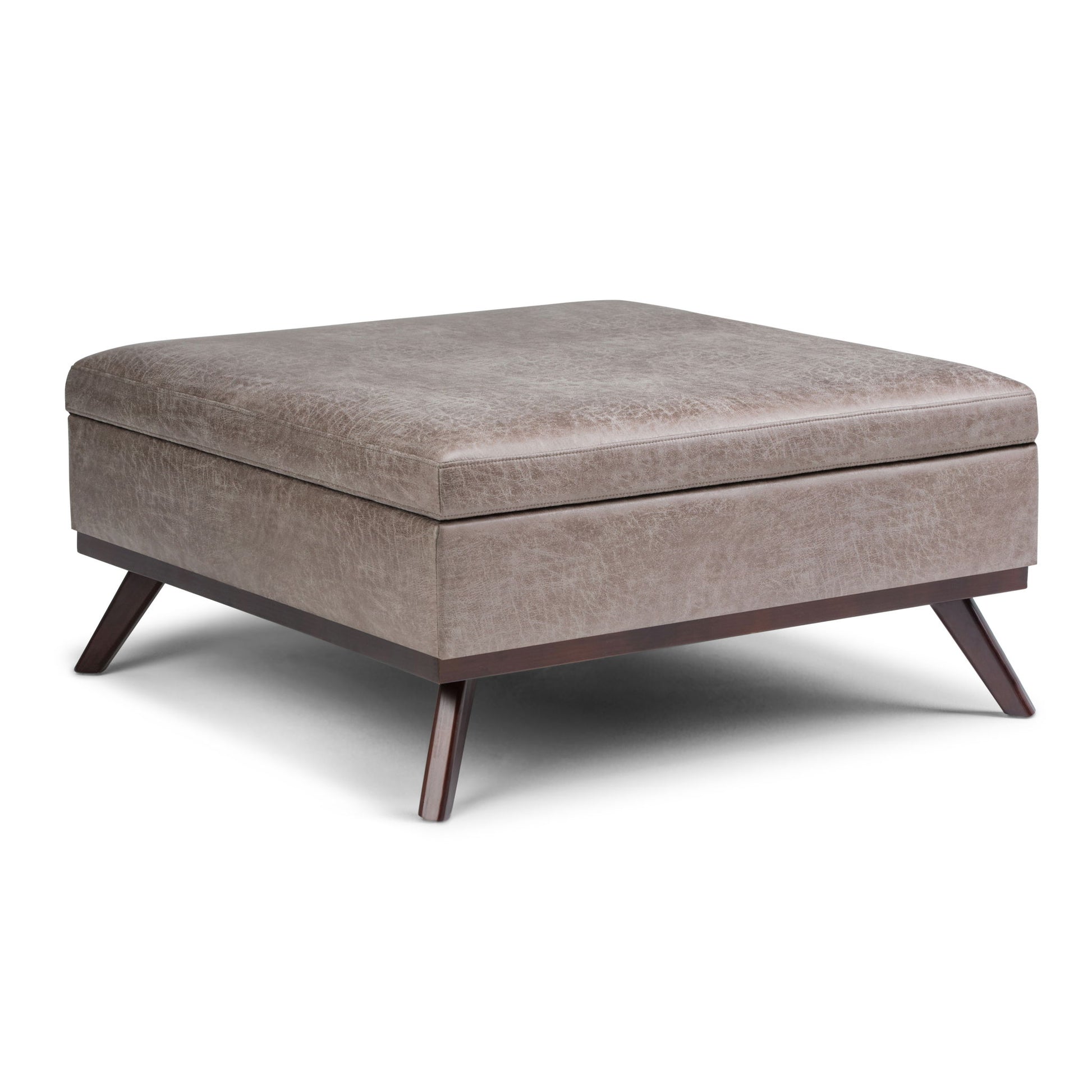 The Owen Multifunctional Square Coffee Table Storage Ottoman features light brown upholstery, a cushioned top, and angled wooden legs, all set against a white background.
