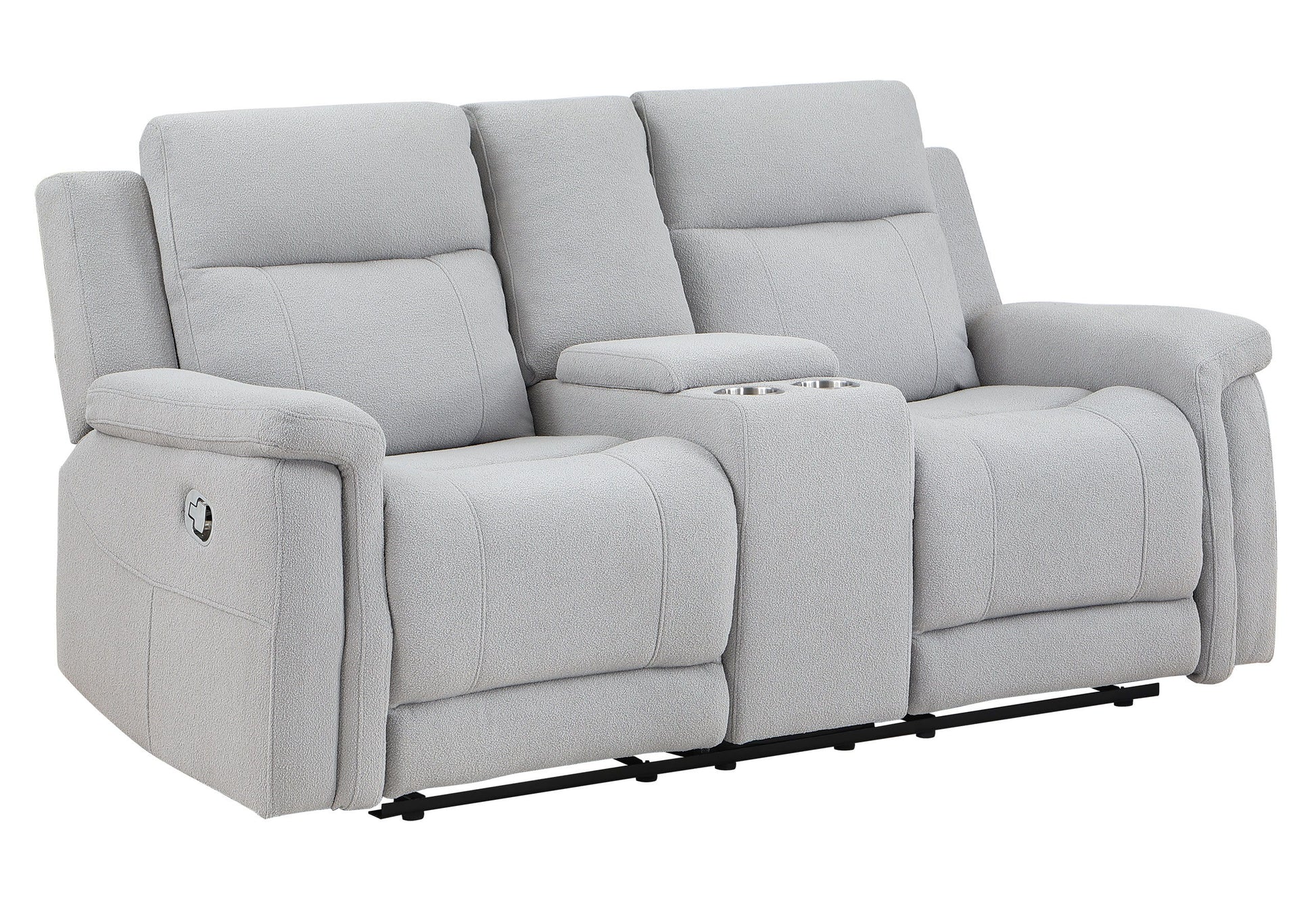 The Couch.com Eco Console Reclining Loveseat features a durable gray fabric, modern style, plush cushions, wide armrests, central cup-holder console, and visible recliner handles on the outer sides of each seat.