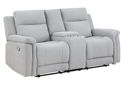The Couch.com Eco Console Reclining Loveseat features a durable gray fabric, modern style, plush cushions, wide armrests, central cup-holder console, and visible recliner handles on the outer sides of each seat.