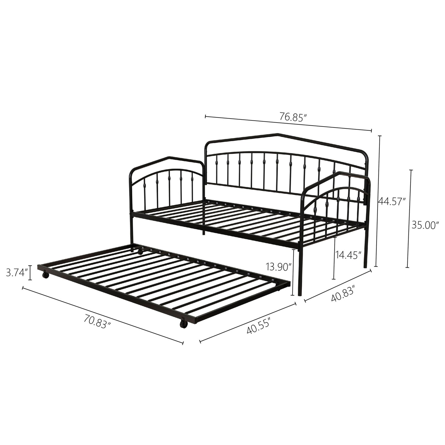 Fox - Daybed With Twin Trundle in black metal features decorative bars and slatted frames. Daybed: 76.85"W x 40.83"D x 44.57"H; trundle: 70.83"W x 40.55"D x 3.74"H, both offering stylish, space-saving sleeping solutions.