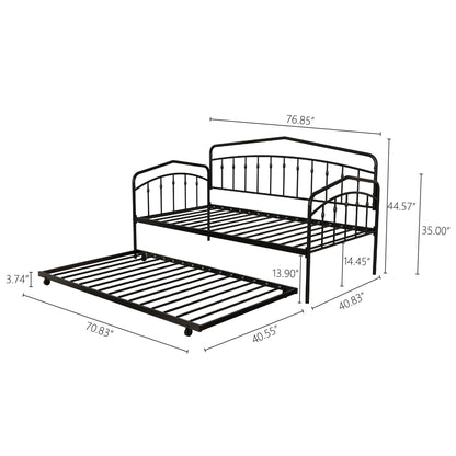 Fox - Daybed With Twin Trundle in black metal features decorative bars and slatted frames. Daybed: 76.85"W x 40.83"D x 44.57"H; trundle: 70.83"W x 40.55"D x 3.74"H, both offering stylish, space-saving sleeping solutions.