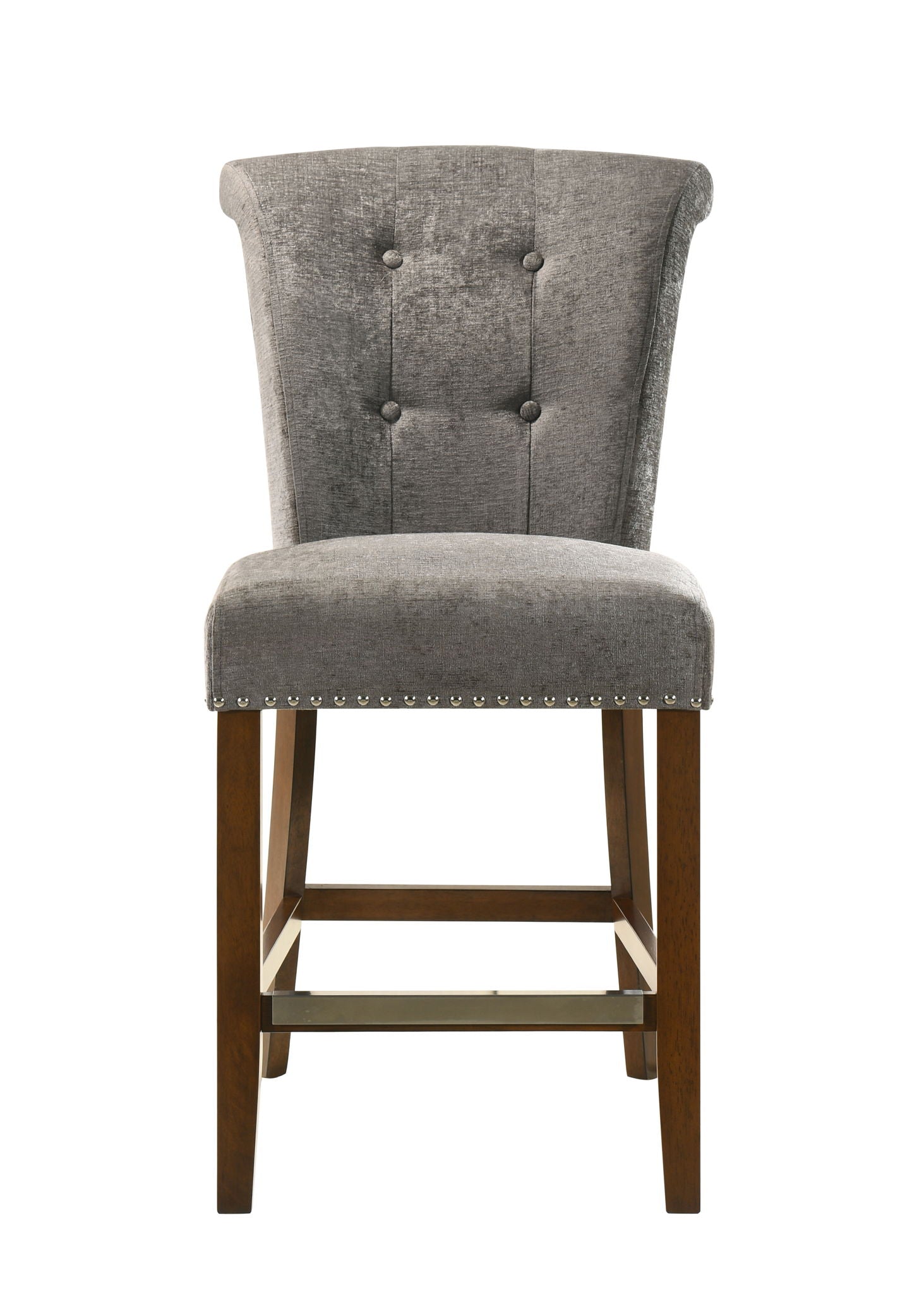 The Auggie 20.5" Fabric Counter Height Chair features gray upholstery, a tufted backrest, silver nailhead trim, and wooden legs, shown from the front on a white background.