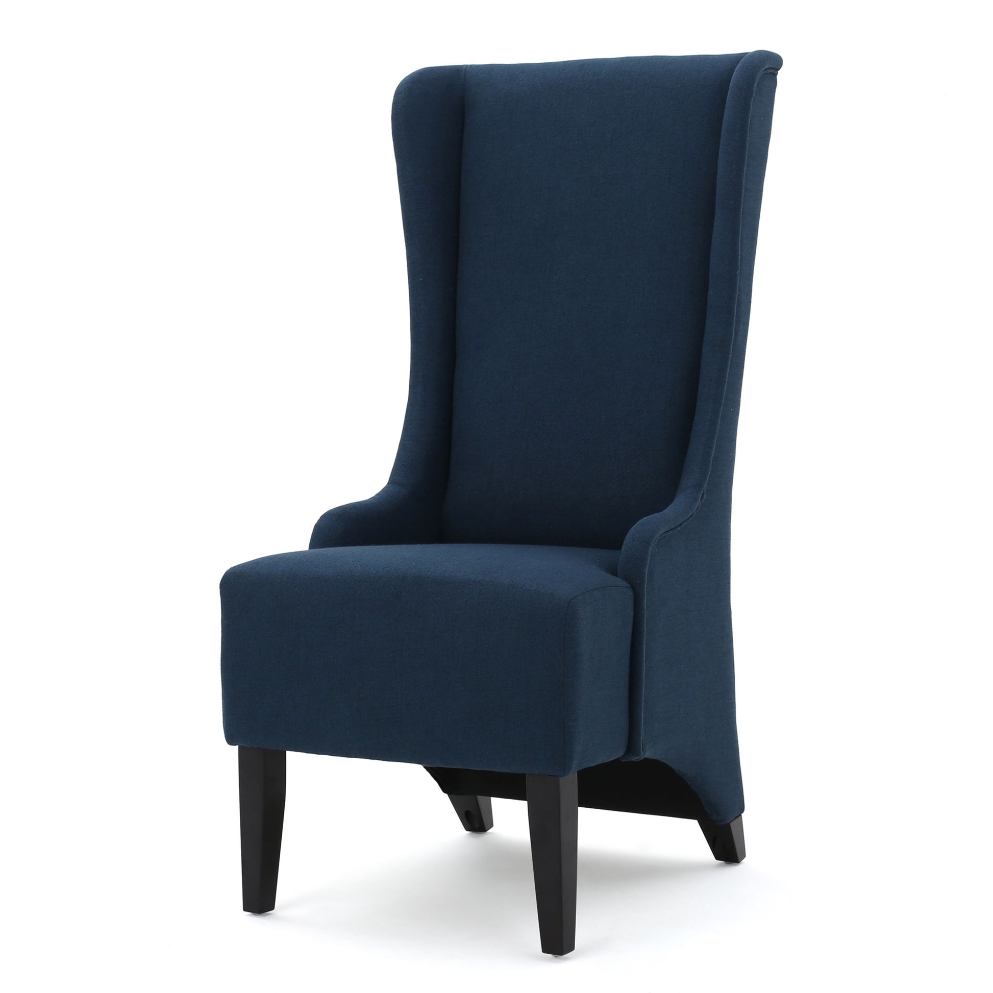 The Alight Upholstered Dining Chair set features a high back, dark blue fabric, and straight seat with sturdy black birch wood legs, displayed against a white backdrop.