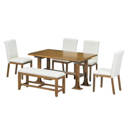 The Topmax 6 Piece Farmhouse Extendable Dining Table Set features a trestle table with a removable leaf, four white upholstered chairs, and a matching bench—all in a modern, clean design for your dining room.